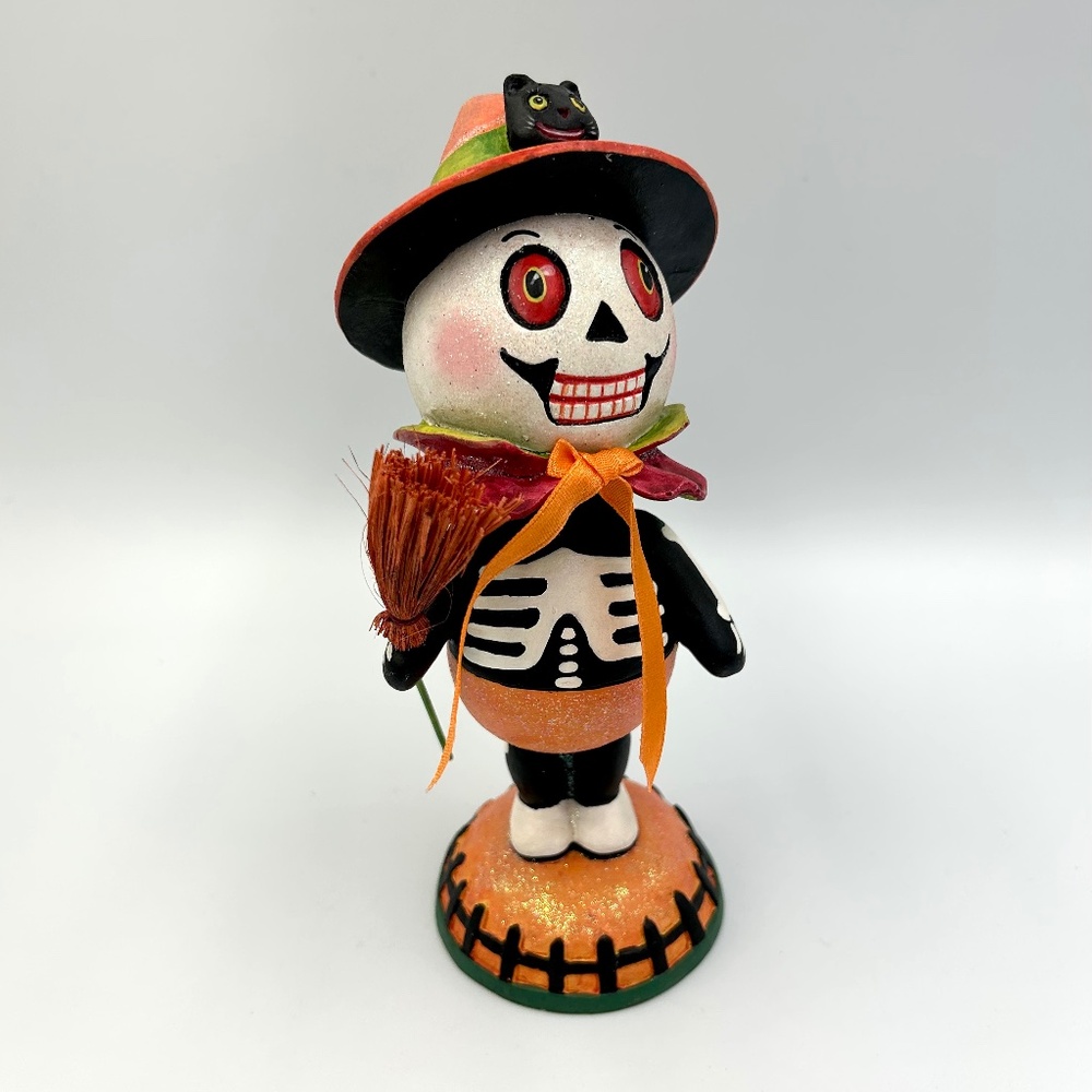 Department 56 Halloween Skeleton Witch Black Cat Bobblehead Figurine Broom 34587